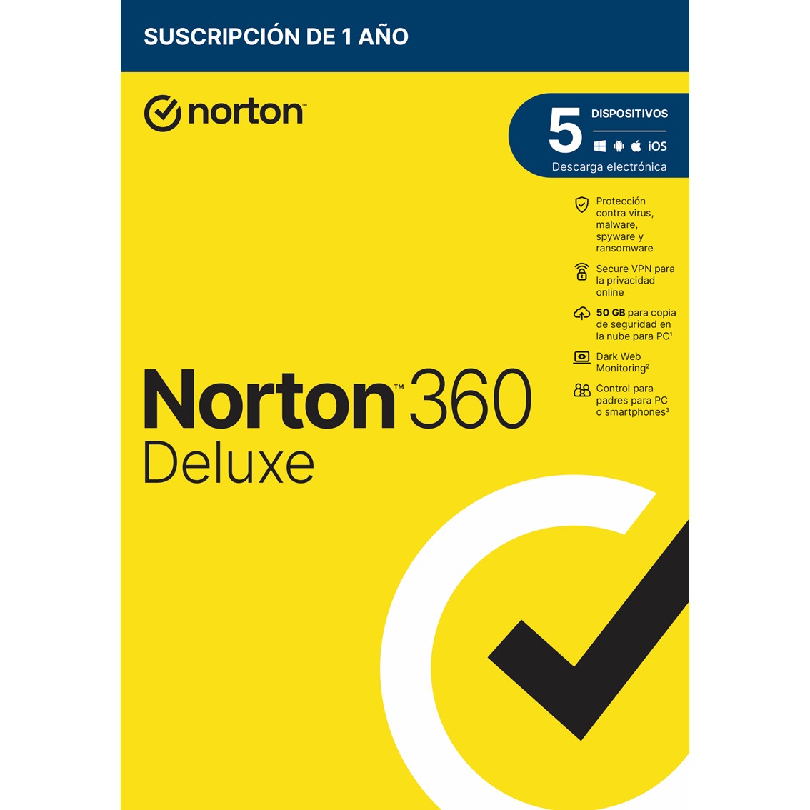 Norton Antivirus 360 deluxe 50gb español 1 usuario 5 dispositivos 1 año caja generic rsp…