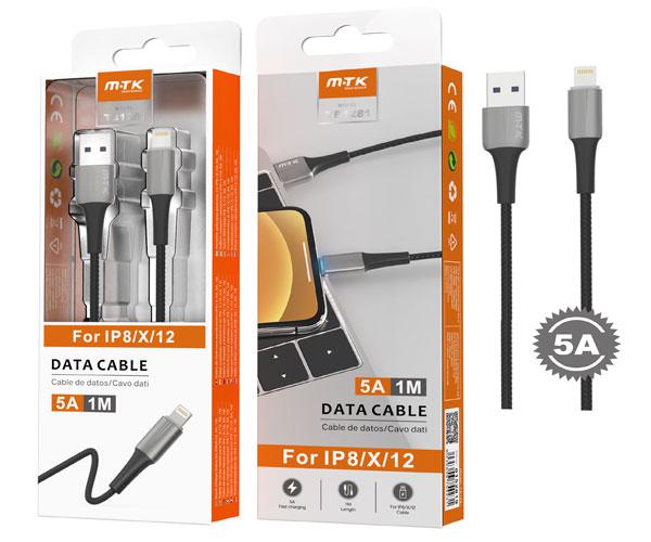 Cable datos USB 2.0 a Lightning iPhone 8-14 / 1m / 5a / Carga rapida / TB1281 / Gris / One+