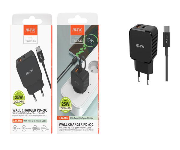 Cargador de red Usb + Type-C + Cable Type-C / 25W / Negro / TA0333 / MTK