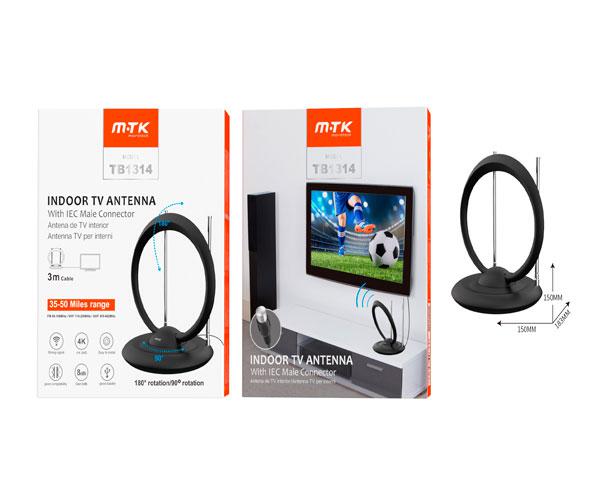 Antena de TV Interior TB1314 / 8 DBI / 4K / Rango de 80 KM / 3M / Negro / One+