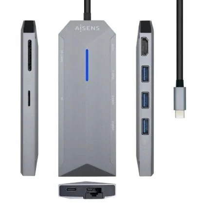 Aisens Docking USB Tipo-C ASUC-8P004-GR/ 1xHDMI 4K/ 3xUSB/ 1xRJ45/ 1xLector Tarjetas /… Gris