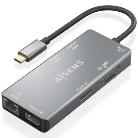 Aisens Docking USB Tipo-C ASUC-9P018-GR/ 2xHDMI 4K/ 3xUSB/ 1xRJ45/ 1xLector Tarjetas/… Gris