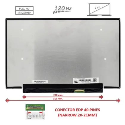 Generica Pantalla compatible para LED 14\" Slim 40 Pines Full HD Sin Brackets 120 Hz