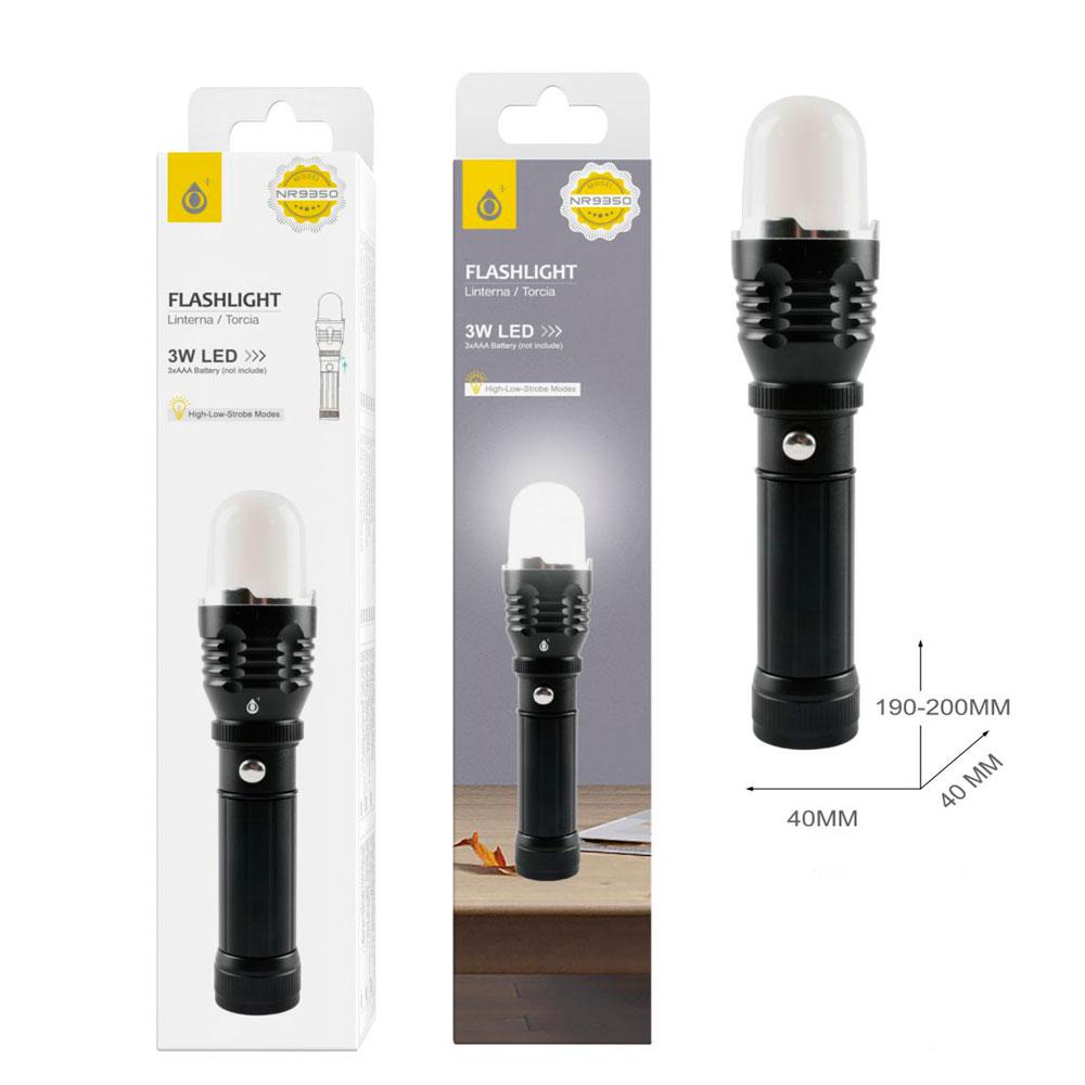 Linterna LED NR9350 / 3W / 3 modos de luz / Pilas AAA / Correa de mano / Negro / One +