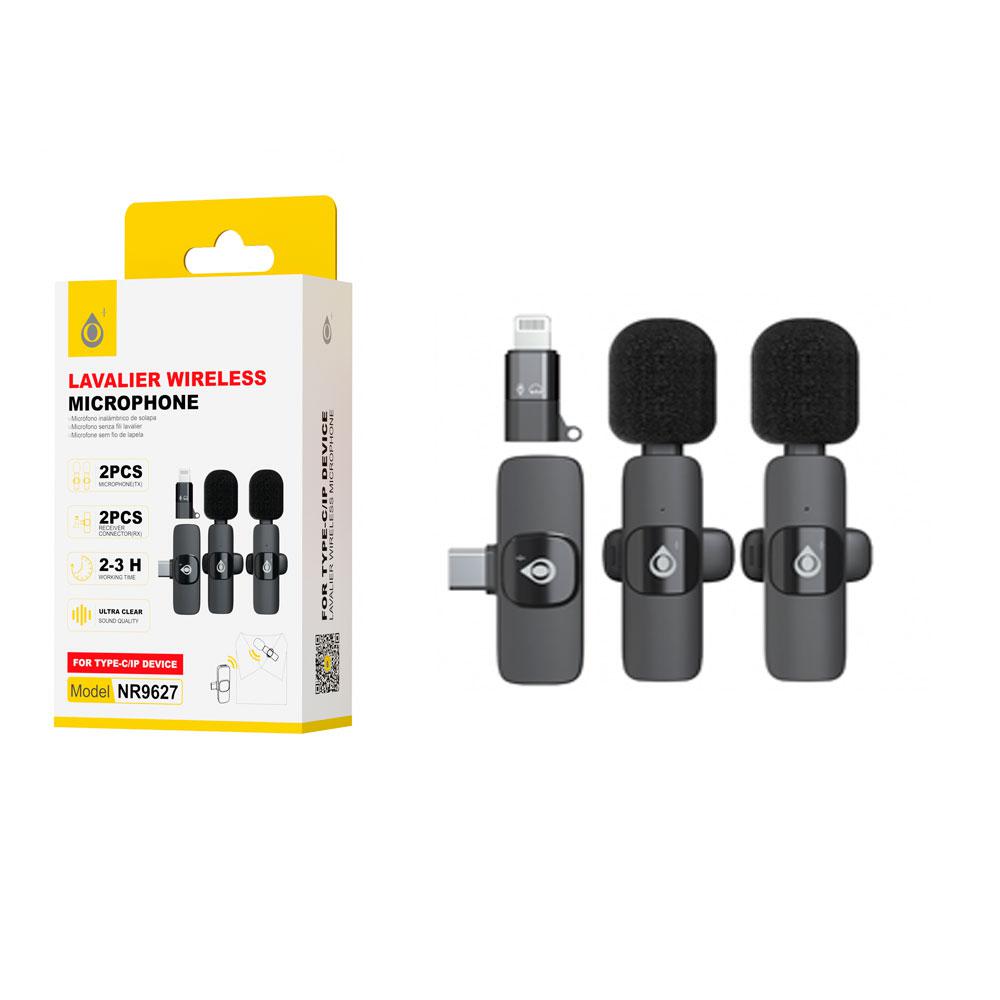 Microfono Dual Mini inalambrico con clip NR9627 / Type-C + Lightning / Bateria 60 mAh / Negro / One+ / 2906272