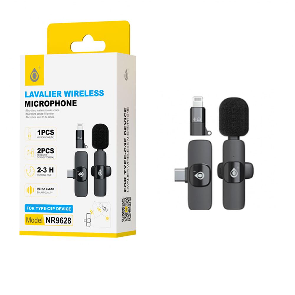 Microfono Mini inalambrico con clip NR9628 / Type-C + Lightning / Bateria 60 mAh / Negro / One+ / 2906282