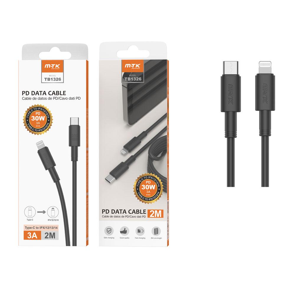 Cable datos Type-C a Lightning Iphone TB1326 / 2 m / 3a / 30W / Carga Rapida PD / Negro / MTK / 0153262