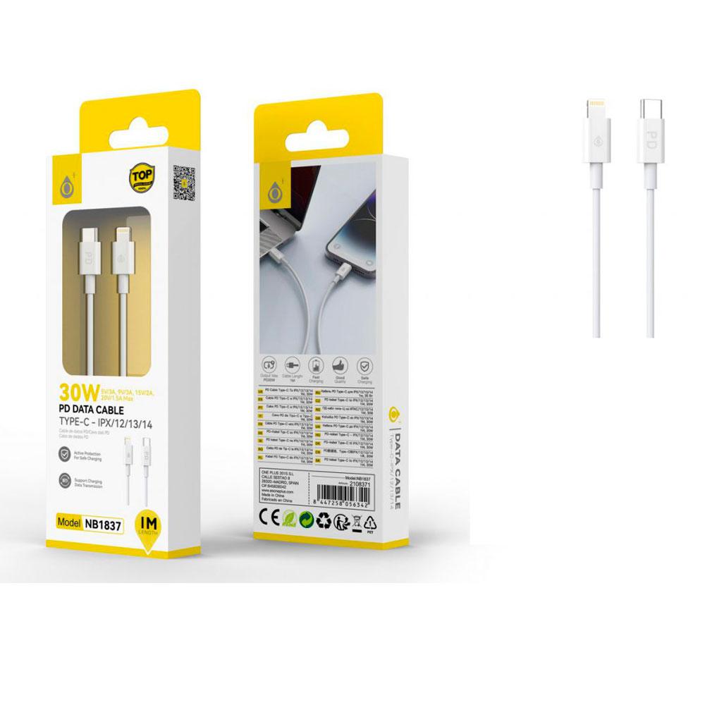 Cable datos Type-C a Lightning Iphone NB1837 / 1 m / 1.5a / 30W / Carga Rapida PD / Blanco / One + / 2108371