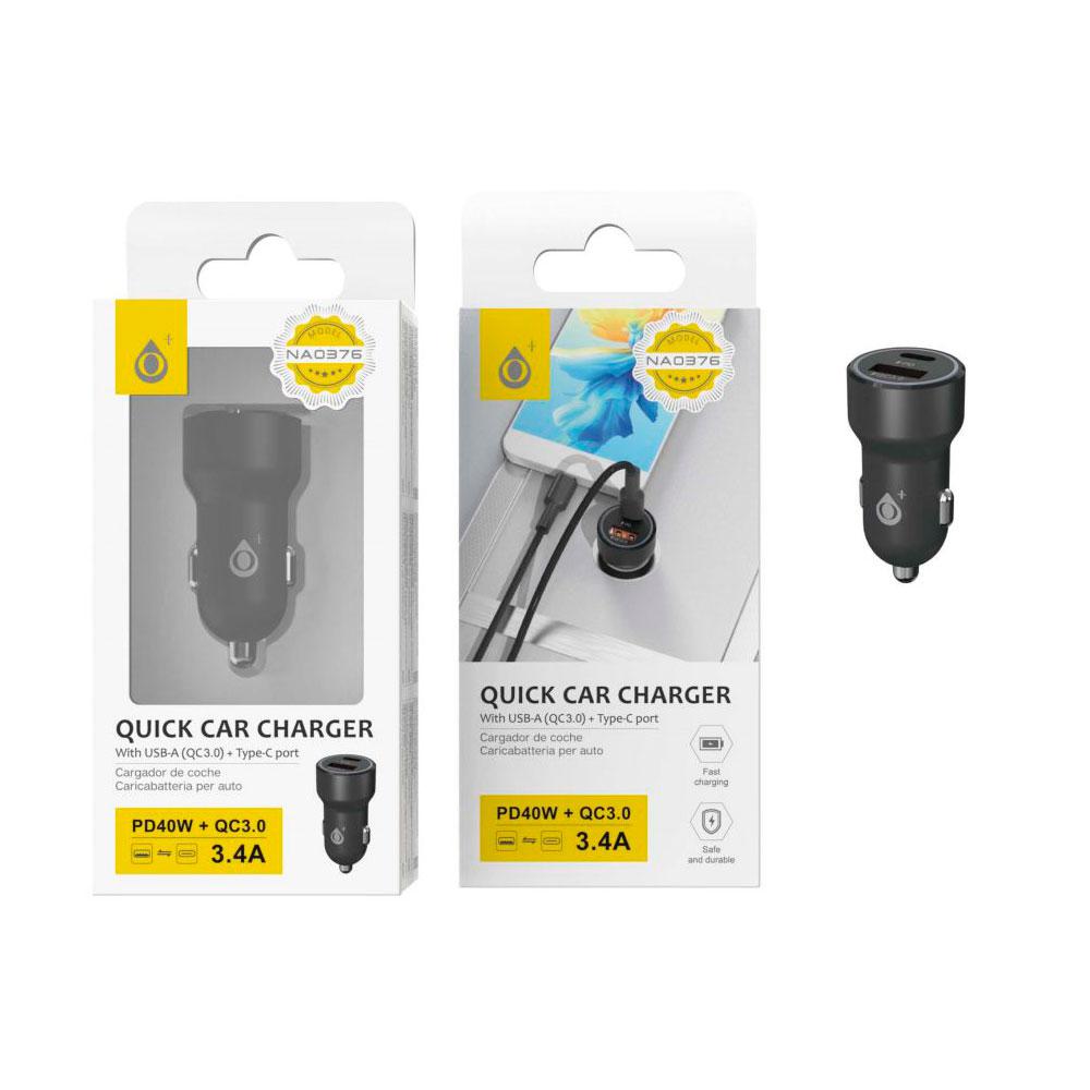Cargador de coche-mechero Usb QC3.0 + Type-C Boris / 40w / Negro / NA0376 / One+ / 2003762