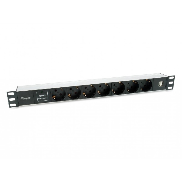 ÷ Regleta alimentacion aluminio rack 19\" 1u 7 tomas tipo shucko euro + 2 tomas usb con protector spd c